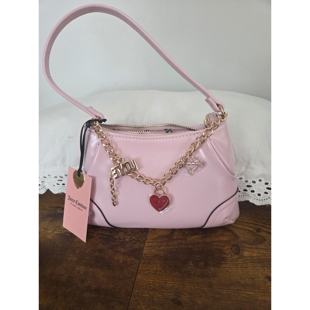 Juicy Couture V-Love Comes Softly Pouch Chiffon Pink Patent Heart Bag 18J